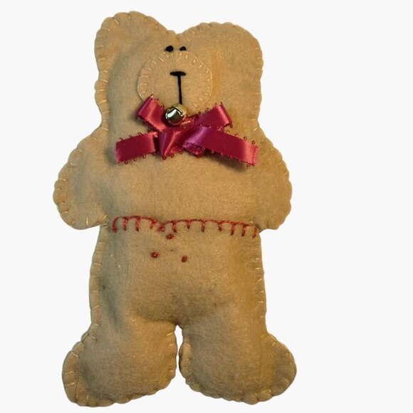 Felt Teddy Bear Ornament Red Ribbon Bell Handmade - Picture 1 of 3